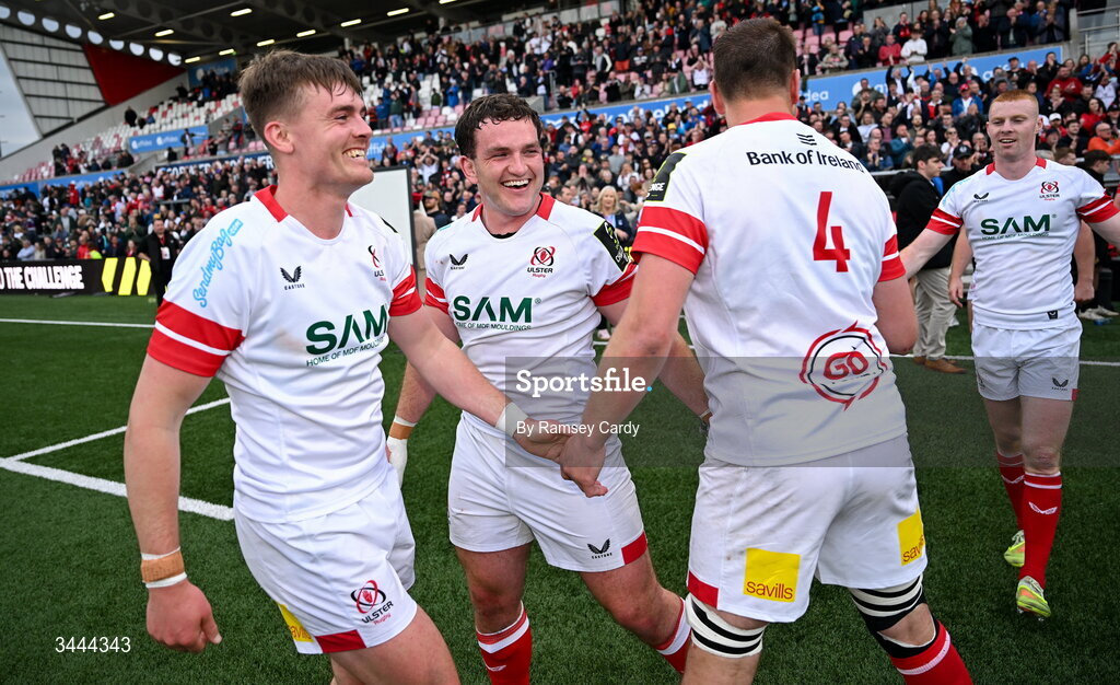 2 May 2026; Ulster players, from left, Jake Flannery, James McCormick, Iain Henderson and Nathan Doak after the EPCR Challenge Cup semi-final match between Ulster and Exeter Chiefs at Affidea Stadium in Belfast. Photo by Ramsey Cardy/Sportsfile