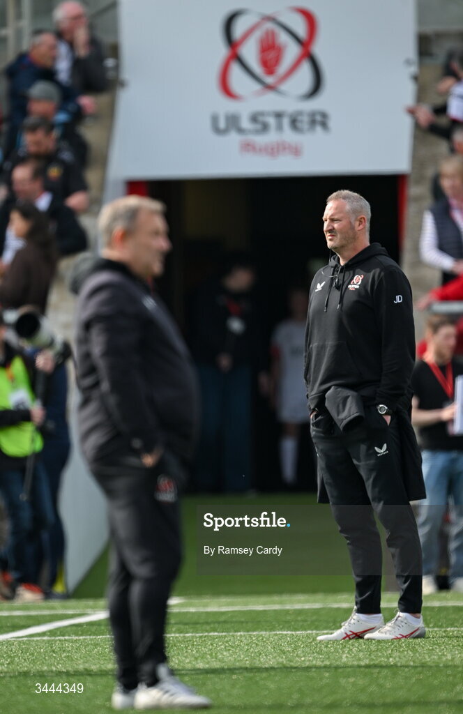 2 May 2026; Ulster forwards coach Jimmy Duffy, right, and Ulster head coach Richie Murphy during the EPCR Challenge Cup semi-final match between Ulster and Exeter Chiefs at Affidea Stadium in Belfast. Photo by Ramsey Cardy/Sportsfile