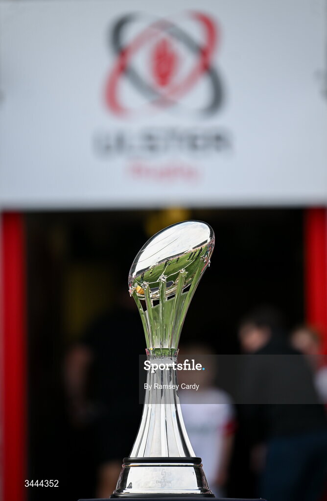 2 May 2026; A general view of the EPCR Challenge Cup trophy before the EPCR Challenge Cup semi-final match between Ulster and Exeter Chiefs at Affidea Stadium in Belfast. Photo by Ramsey Cardy/Sportsfile
