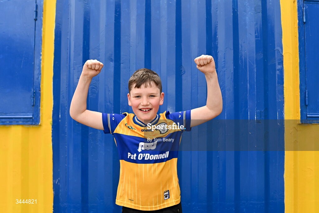 3 May 2026; Clare supporter Jack Moroney, aged 9,  from Crusheen before the Munster GAA Senior Hurling Championship Round 3 match between Clare and Limerick at Zimmer Biomet Páirc Chíosóg in Ennis, Clare. Photo by Tom Beary/Sportsfile