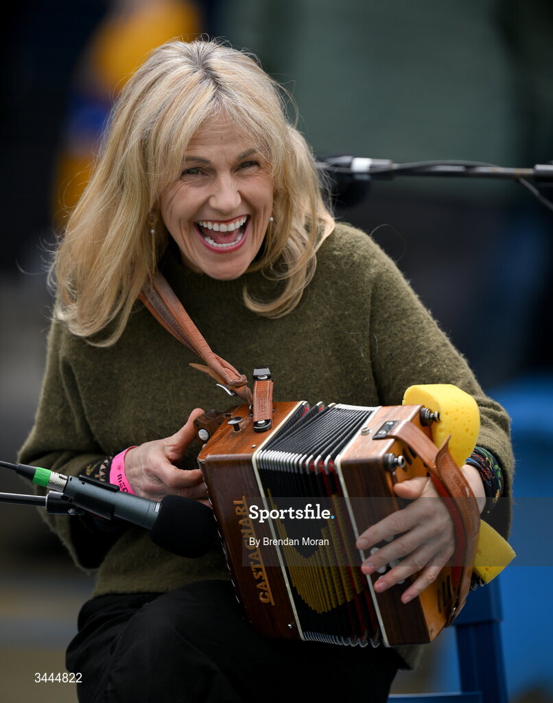 3 May 2026; Musician Sharon Shannon entertains the crowd before the Munster GAA Senior Hurling Championship Round 3 match between Clare and Limerick at Zimmer Biomet Páirc Chíosóg in Ennis, Clare. Photo by Brendan Moran/Sportsfile