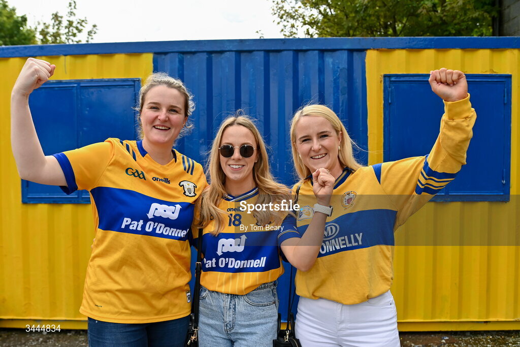 3 May 2026; Clare supporters, from left, Claire McDonnell, Lorna Crowe and Louise McDonnell, from Ruan, before the Munster GAA Senior Hurling Championship Round 3 match between Clare and Limerick at Zimmer Biomet Páirc Chíosóg in Ennis, Clare. Photo by Tom Beary/Sportsfile
