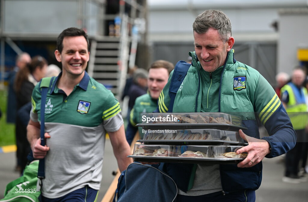 3 May 2026; Limerick backroom member Donal O'Grady carries a tray of sandwiches before the Munster GAA Senior Hurling Championship Round 3 match between Clare and Limerick at Zimmer Biomet Páirc Chíosóg in Ennis, Clare. Photo by Brendan Moran/Sportsfile
