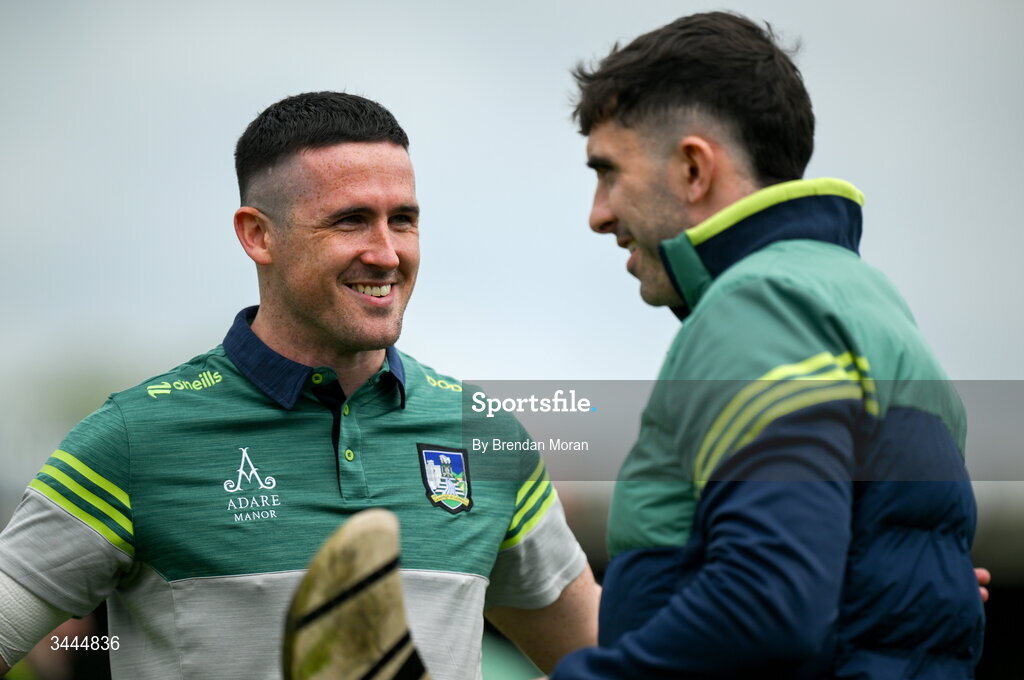 3 May 2026; Darragh O'Donovan , left, and Aaron Gillane of Limerick before the Munster GAA Senior Hurling Championship Round 3 match between Clare and Limerick at Zimmer Biomet Páirc Chíosóg in Ennis, Clare. Photo by Brendan Moran/Sportsfile