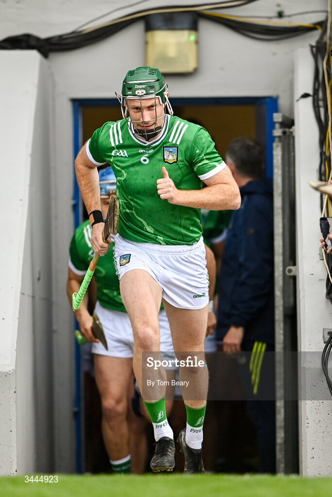 3 May 2026; Limerick captain William O'Donoghue leads his side on to the field before the Munster GAA Senior Hurling Championship Round 3 match between Clare and Limerick at Zimmer Biomet Páirc Chíosóg in Ennis, Clare. Photo by Tom Beary/Sportsfile