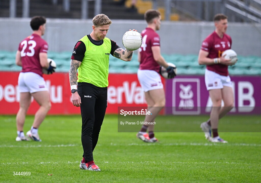 3 May 2026; Injured Westmeath footballer Luke Loughlin before the Leinster GAA Football Senior Championship semi-final match between Kildare and Westmeath at Glenisk O'Connor Park in Tullamore, Offaly. Photo by Piaras Ó Mídheach/Sportsfile