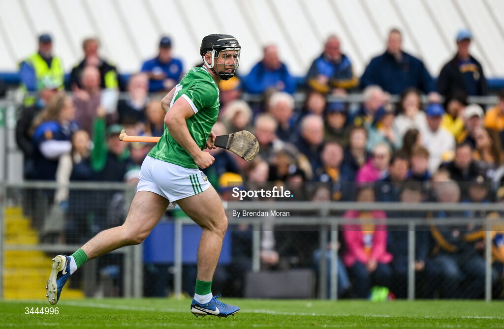 3 May 2026; Aidan O’Connor of Limerick celebrates after scoring his side's first goal during the Munster GAA Senior Hurling Championship Round 3 match between Clare and Limerick at Zimmer Biomet Páirc Chíosóg in Ennis, Clare. Photo by Brendan Moran/Sportsfile