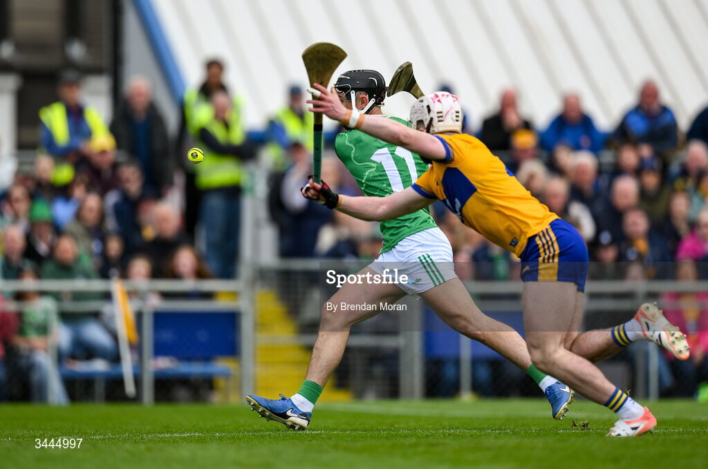 3 May 2026; Aidan O’Connor of Limerick scores his side's first goal past Adam Hogan of Clare during the Munster GAA Senior Hurling Championship Round 3 match between Clare and Limerick at Zimmer Biomet Páirc Chíosóg in Ennis, Clare. Photo by Brendan Moran/Sportsfile