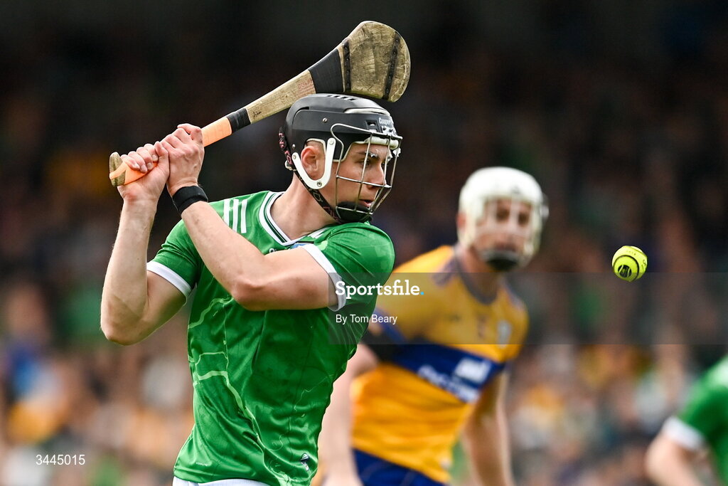 3 May 2026; Aidan O'Connor of Limerick shoots to score his side's first goal during the Munster GAA Senior Hurling Championship Round 3 match between Clare and Limerick at Zimmer Biomet Páirc Chíosóg in Ennis, Clare. Photo by Tom Beary/Sportsfile