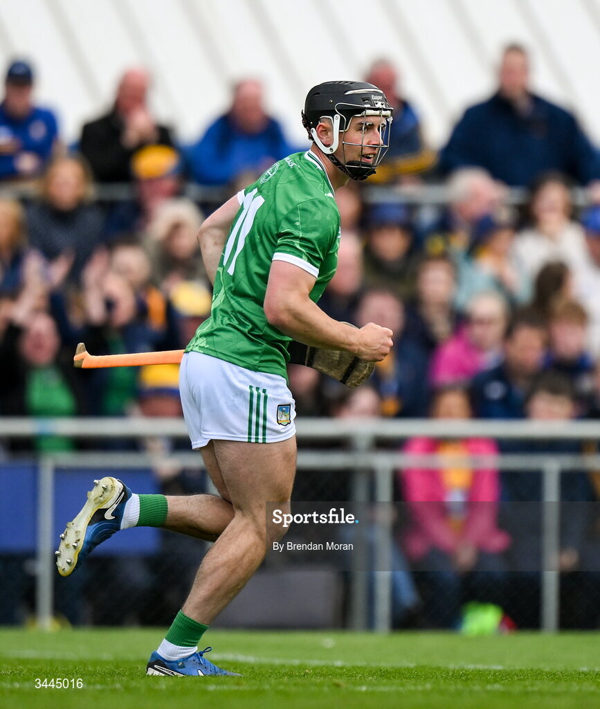 3 May 2026; Aidan O’Connor of Limerick celebrates after scoring his side's first goal during the Munster GAA Senior Hurling Championship Round 3 match between Clare and Limerick at Zimmer Biomet Páirc Chíosóg in Ennis, Clare. Photo by Brendan Moran/Sportsfile