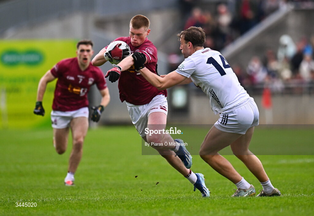 3 May 2026; Shane Allen of Westmeath in action against Darragh Kirwan of Kildare during the Leinster GAA Football Senior Championship semi-final match between Kildare and Westmeath at Glenisk O'Connor Park in Tullamore, Offaly. Photo by Piaras Ó Mídheach/Sportsfile