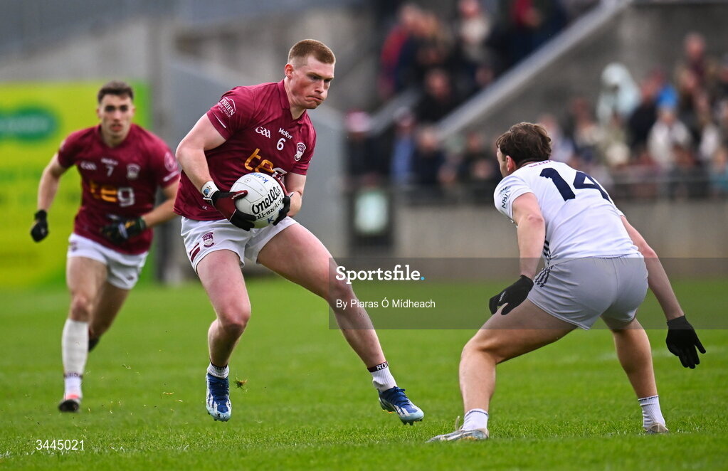 3 May 2026; Shane Allen of Westmeath in action against Darragh Kirwan of Kildare during the Leinster GAA Football Senior Championship semi-final match between Kildare and Westmeath at Glenisk O'Connor Park in Tullamore, Offaly. Photo by Piaras Ó Mídheach/Sportsfile