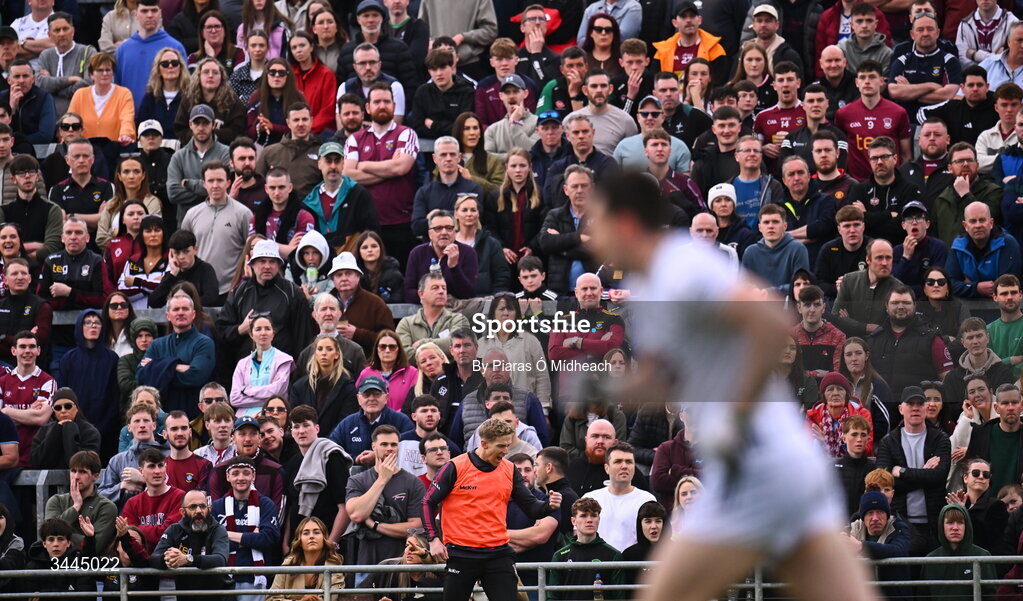 3 May 2026; Injured Westmeath footballer Luke Loughlin, below, celebrates a score during the Leinster GAA Football Senior Championship semi-final match between Kildare and Westmeath at Glenisk O'Connor Park in Tullamore, Offaly. Photo by Piaras Ó Mídheach/Sportsfile