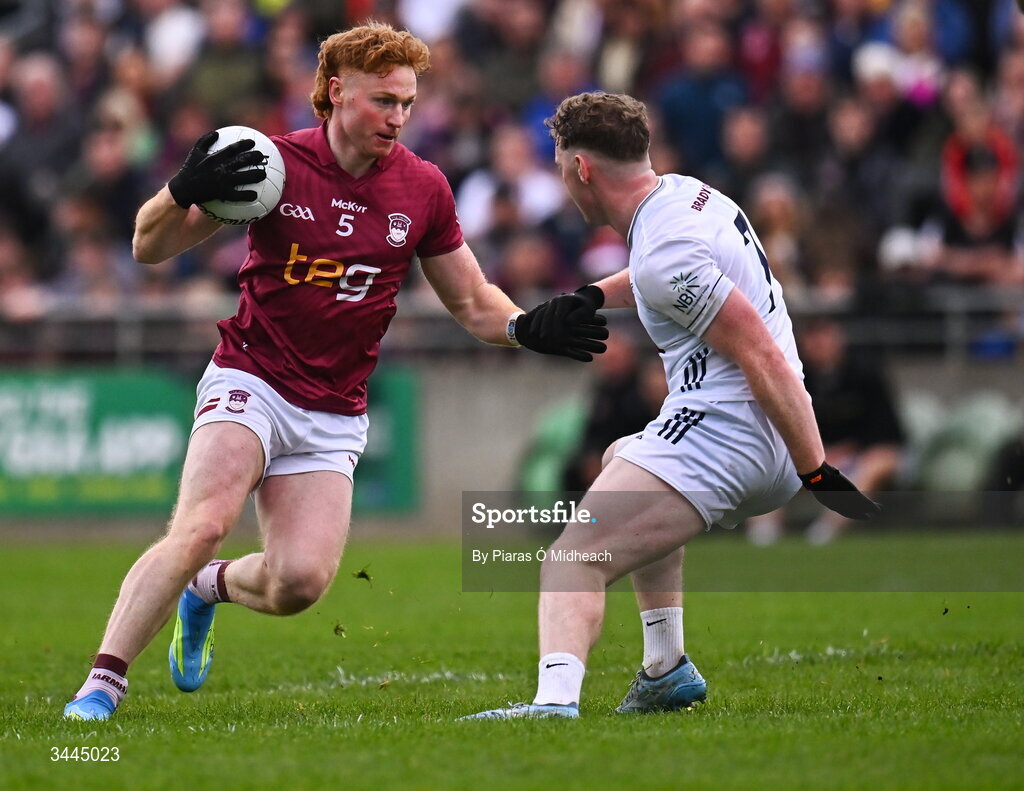 3 May 2026; Ronan Wallace of Westmeath in action against James McGrath of Kildare during the Leinster GAA Football Senior Championship semi-final match between Kildare and Westmeath at Glenisk O'Connor Park in Tullamore, Offaly. Photo by Piaras Ó Mídheach/Sportsfile