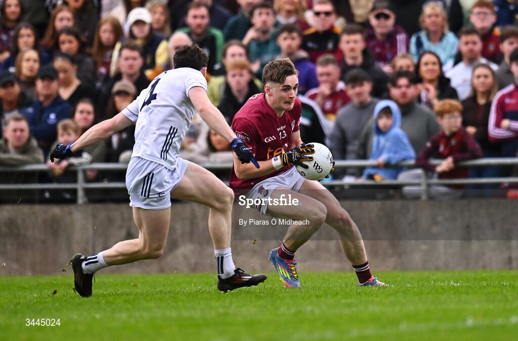 3 May 2026; Shane Corcoran of Westmeath in action against Ryan Burke of Kilare during the Leinster GAA Football Senior Championship semi-final match between Kildare and Westmeath at Glenisk O'Connor Park in Tullamore, Offaly. Photo by Piaras Ó Mídheach/Sportsfile