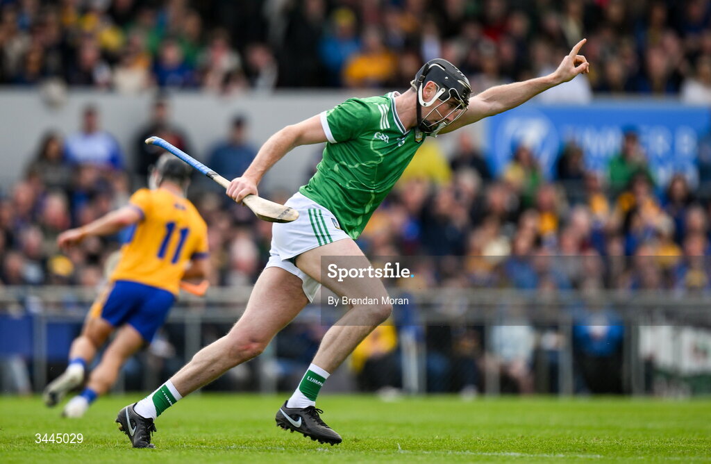 3 May 2026; Diarmaid Byrnes of Limerick celebrates after scoring his side's second goal, from a penalty, during the Munster GAA Senior Hurling Championship Round 3 match between Clare and Limerick at Zimmer Biomet Páirc Chíosóg in Ennis, Clare. Photo by Brendan Moran/Sportsfile