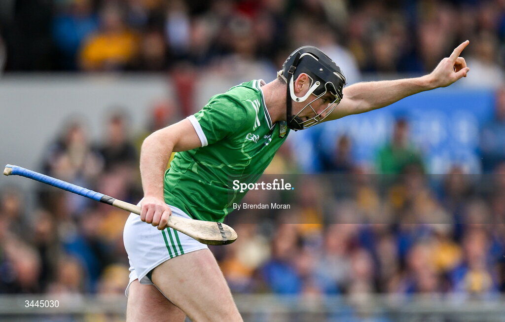 3 May 2026; Diarmaid Byrnes of Limerick celebrates after scoring his side's second goal, from a penalty, during the Munster GAA Senior Hurling Championship Round 3 match between Clare and Limerick at Zimmer Biomet Páirc Chíosóg in Ennis, Clare. Photo by Brendan Moran/Sportsfile