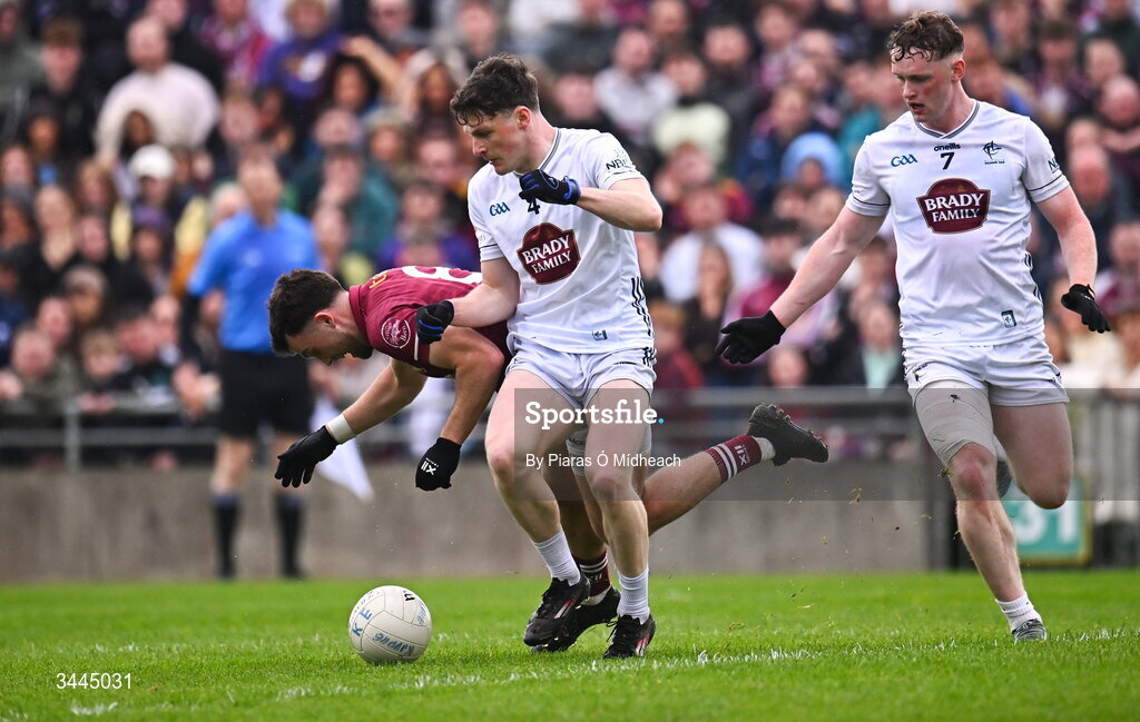 3 May 2026; Brían Cooney of Westmeath is tackled by Ryan Burke of Kildare during the Leinster GAA Football Senior Championship semi-final match between Kildare and Westmeath at Glenisk O'Connor Park in Tullamore, Offaly. Photo by Piaras Ó Mídheach/Sportsfile