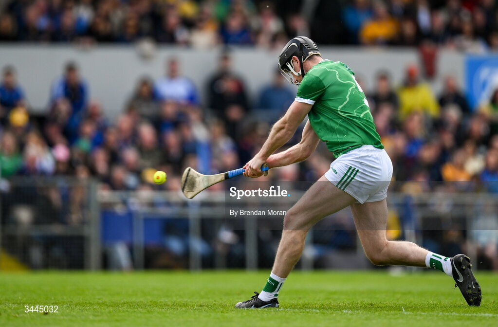 3 May 2026; Diarmaid Byrnes of Limerick scores his side's second goal, from a penalty, during the Munster GAA Senior Hurling Championship Round 3 match between Clare and Limerick at Zimmer Biomet Páirc Chíosóg in Ennis, Clare. Photo by Brendan Moran/Sportsfile