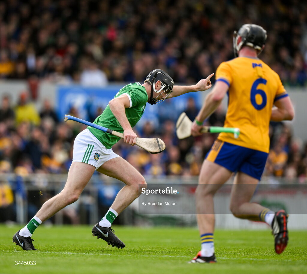 3 May 2026; Diarmaid Byrnes of Limerick celebrates after scoring his side's second goal, from a penalty, during the Munster GAA Senior Hurling Championship Round 3 match between Clare and Limerick at Zimmer Biomet Páirc Chíosóg in Ennis, Clare. Photo by Brendan Moran/Sportsfile