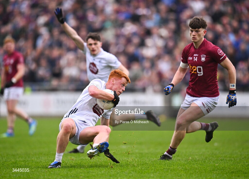 3 May 2026; Harry O'Neill of Kildare in action against Senan Baker of Westmeath during the Leinster GAA Football Senior Championship semi-final match between Kildare and Westmeath at Glenisk O'Connor Park in Tullamore, Offaly. Photo by Piaras Ó Mídheach/Sportsfile