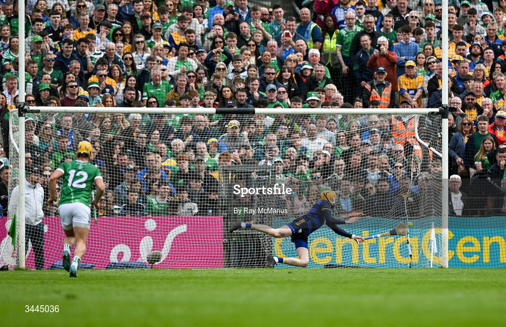 3 May 2026;Clare goalkeeper Éibhear Quilligan is beaten for Limerick's second goal, a penalty in the 19th minute, during the Munster GAA Senior Hurling Championship Round 3 match between Clare and Limerick at Zimmer Biomet Páirc Chíosóg in Ennis, Clare. Photo by Ray McManus/Sportsfile