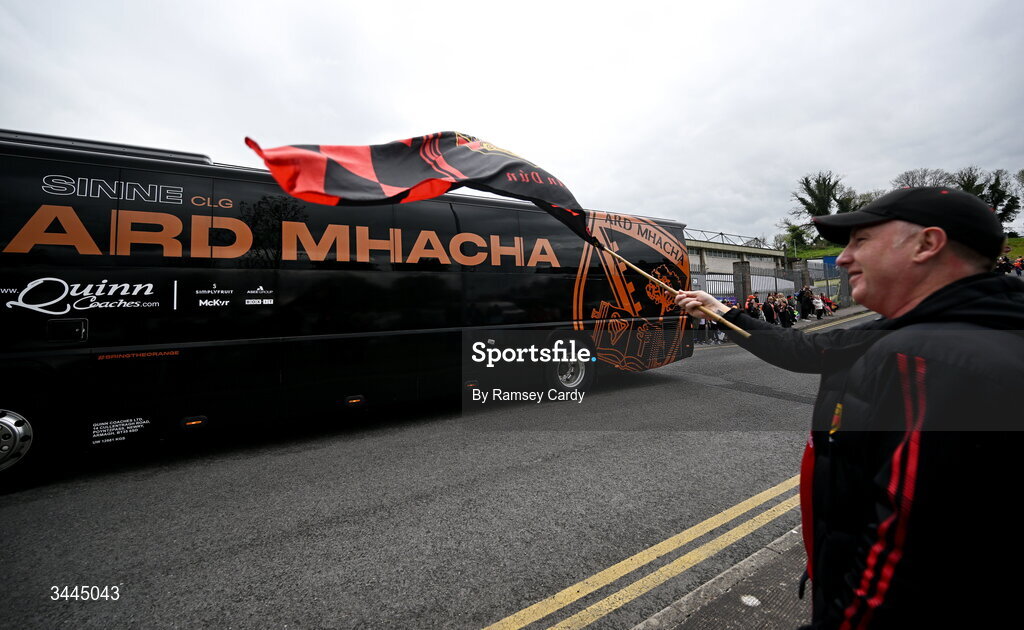 3 May 2026; Down supporter Wayne Murphy welcomes the Armagh team bus before the Ulster GAA Football Senior Championship semi-final match between Armagh and Down at St Tiernach's Park in Clones, Monaghan. Photo by Ramsey Cardy/Sportsfile