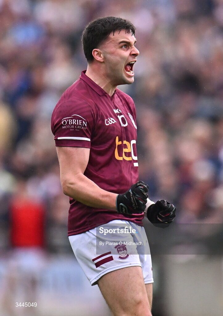 3 May 2026; Kevin O'Sullivan of Westmeath celebrates scoring a point during the Leinster GAA Football Senior Championship semi-final match between Kildare and Westmeath at Glenisk O'Connor Park in Tullamore, Offaly. Photo by Piaras Ó Mídheach/Sportsfile