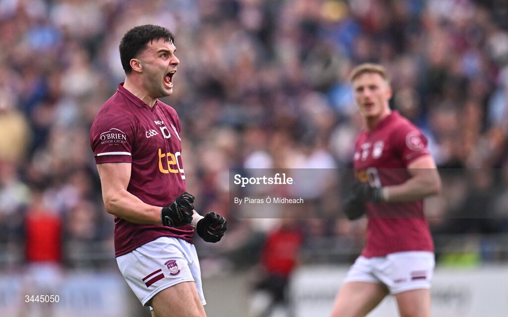 3 May 2026; Kevin O'Sullivan of Westmeath celebrates scoring a point during the Leinster GAA Football Senior Championship semi-final match between Kildare and Westmeath at Glenisk O'Connor Park in Tullamore, Offaly. Photo by Piaras Ó Mídheach/Sportsfile
