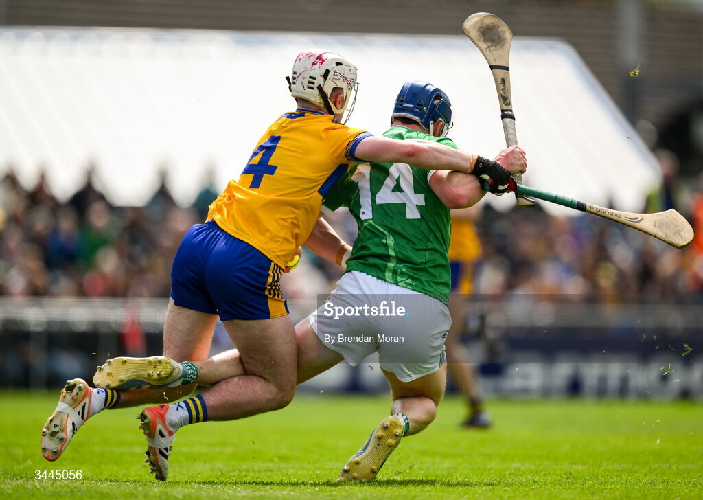 3 May 2026; Shane O’Brien of Limerick is fouled by Adam Hogan of Clare, resulting in a penalty, during the Munster GAA Senior Hurling Championship Round 3 match between Clare and Limerick at Zimmer Biomet Páirc Chíosóg in Ennis, Clare. Photo by Brendan Moran/Sportsfile