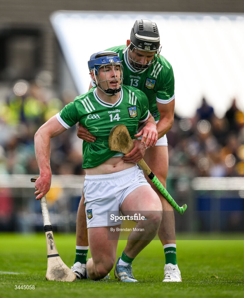 3 May 2026; Shane O’Brien of Limerick, left, with teammate Gearoid Hegarty, after winning a penalty during the Munster GAA Senior Hurling Championship Round 3 match between Clare and Limerick at Zimmer Biomet Páirc Chíosóg in Ennis, Clare. Photo by Brendan Moran/Sportsfile