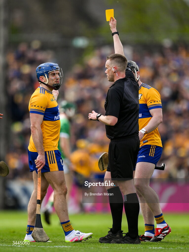 3 May 2026; Shane O'Donnell of Clare is shown a yellow card by referee Michael Kennedy during the Munster GAA Senior Hurling Championship Round 3 match between Clare and Limerick at Zimmer Biomet Páirc Chíosóg in Ennis, Clare. Photo by Brendan Moran/Sportsfile