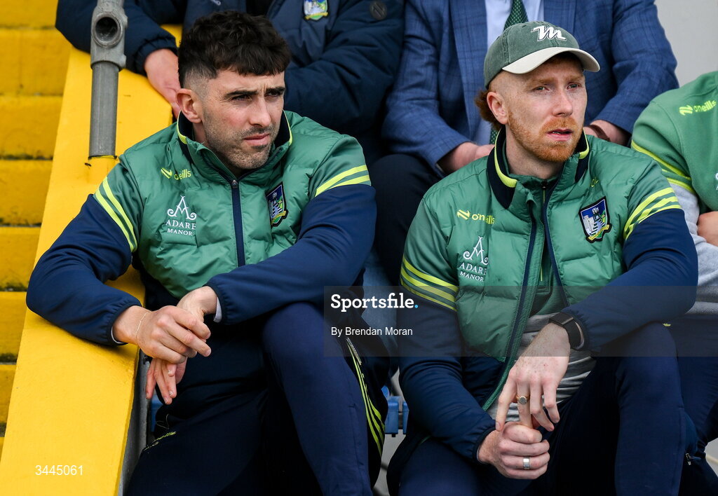 3 May 2026; Limerick players Aaron Gillane, left, and Cian Lynch look on during the Munster GAA Senior Hurling Championship Round 3 match between Clare and Limerick at Zimmer Biomet Páirc Chíosóg in Ennis, Clare. Photo by Brendan Moran/Sportsfile