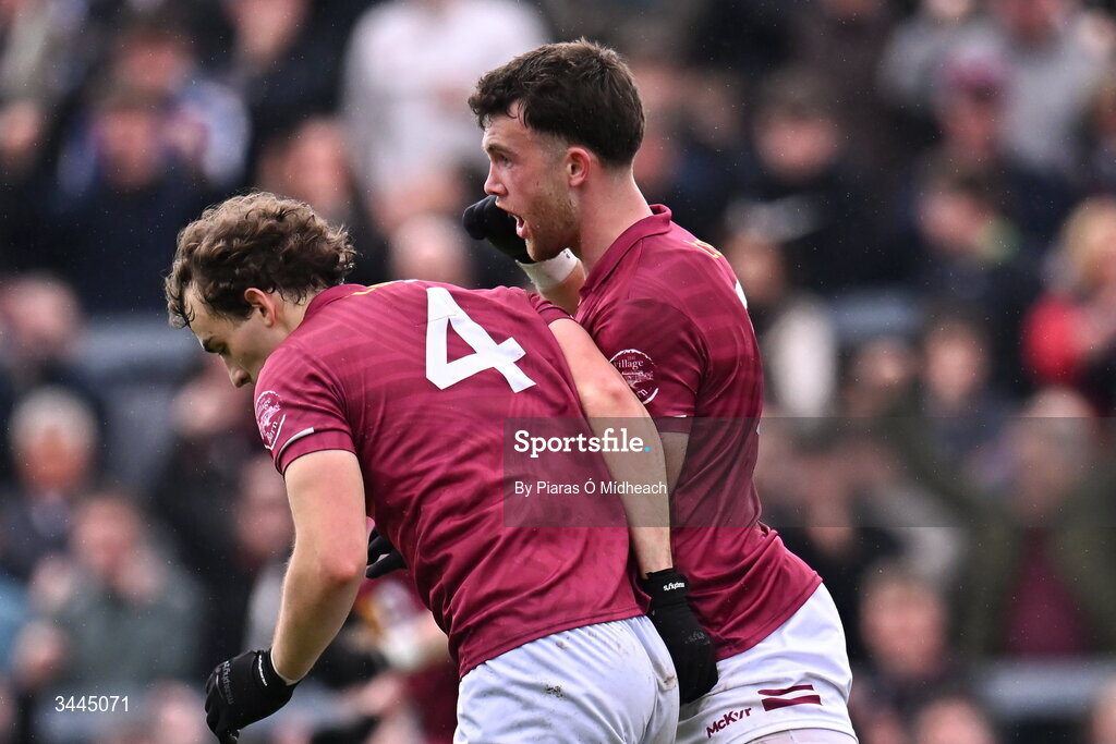 3 May 2026; Brían Cooney of Westmeath, right, celebrates scoring his side's first goal during the Leinster GAA Football Senior Championship semi-final match between Kildare and Westmeath at Glenisk O'Connor Park in Tullamore, Offaly. Photo by Piaras Ó Mídheach/Sportsfile