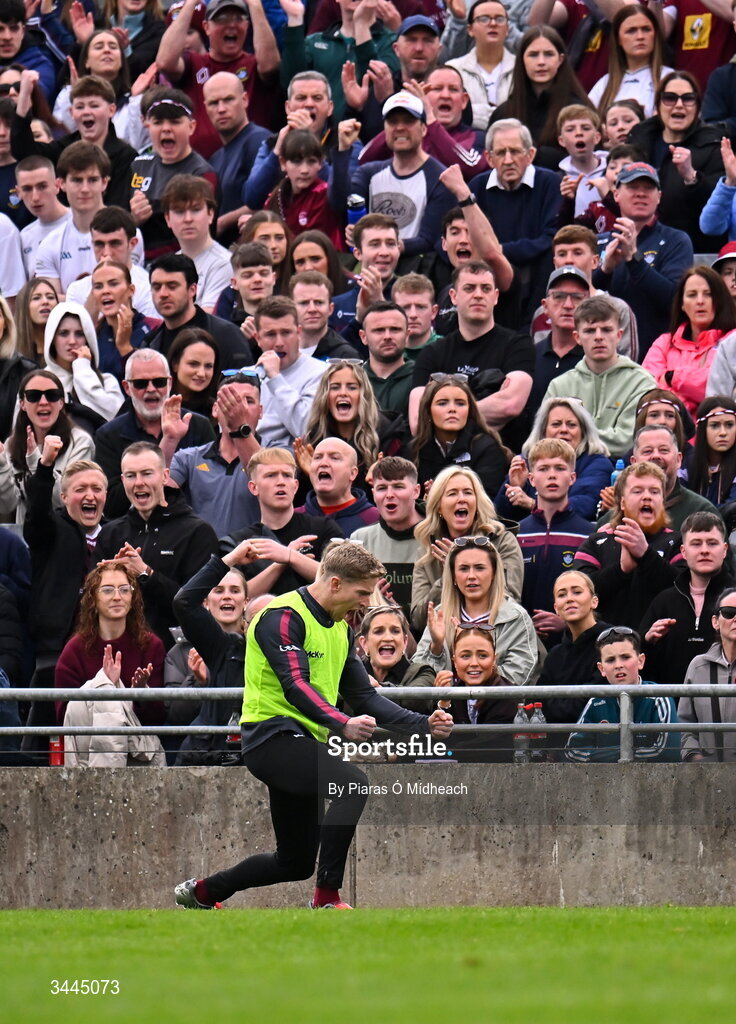 3 May 2026; Injured Westmeath footballer Luke Loughlin celebrates a score during the Leinster GAA Football Senior Championship semi-final match between Kildare and Westmeath at Glenisk O'Connor Park in Tullamore, Offaly. Photo by Piaras Ó Mídheach/Sportsfile