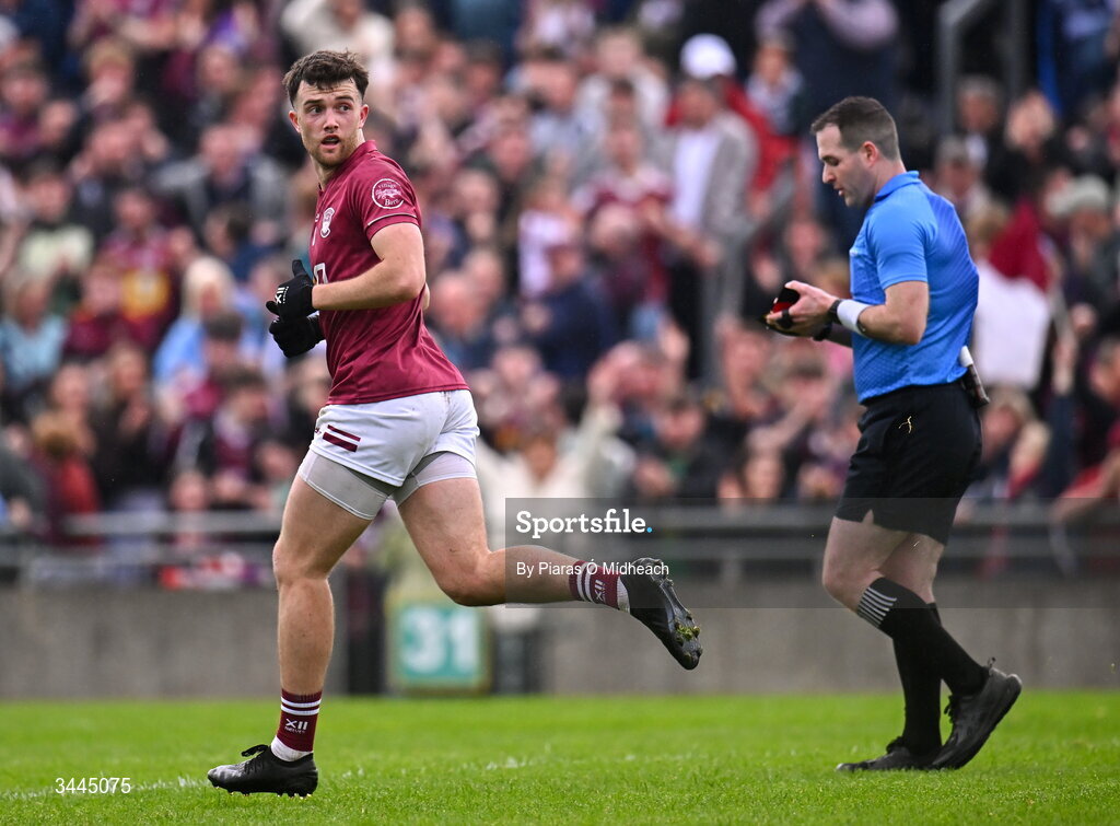 3 May 2026; Brían Cooney of Westmeath after scoring his side's first goal during the Leinster GAA Football Senior Championship semi-final match between Kildare and Westmeath at Glenisk O'Connor Park in Tullamore, Offaly. Photo by Piaras Ó Mídheach/Sportsfile