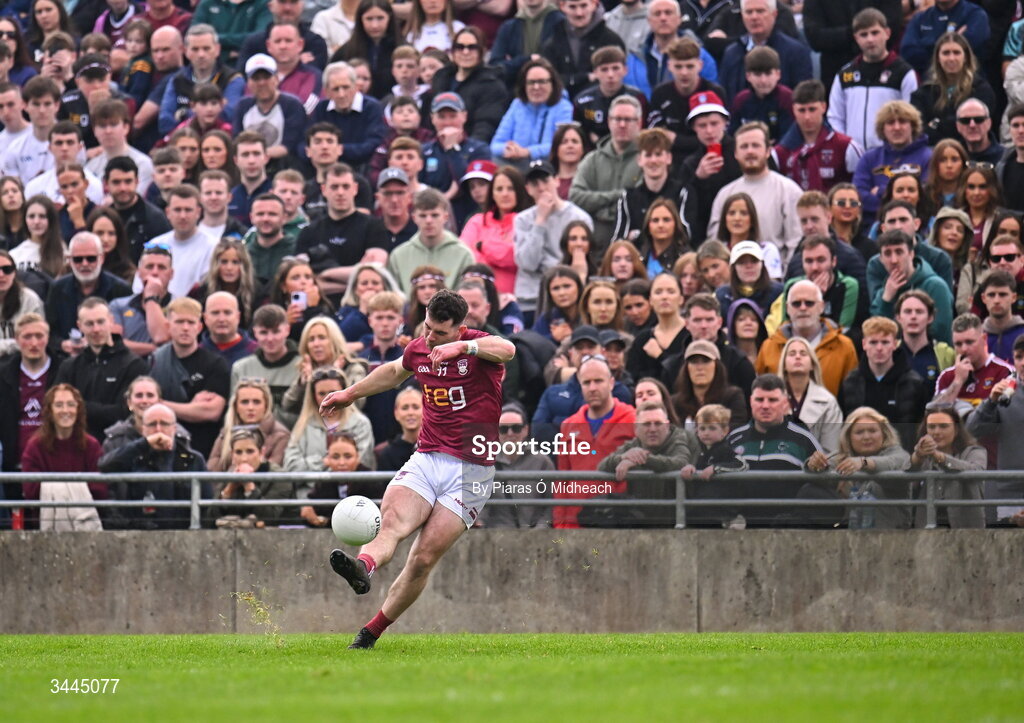 3 May 2026; Sam McCartan of Westmeath takes a free during the Leinster GAA Football Senior Championship semi-final match between Kildare and Westmeath at Glenisk O'Connor Park in Tullamore, Offaly. Photo by Piaras Ó Mídheach/Sportsfile
