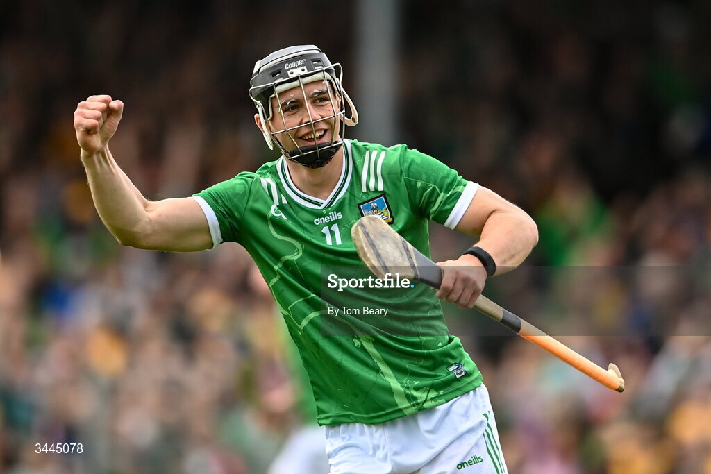 3 May 2026; Aidan O'Connor of Limerick celebrates after scoring his side's first goal during the Munster GAA Senior Hurling Championship Round 3 match between Clare and Limerick at Zimmer Biomet Páirc Chíosóg in Ennis, Clare. Photo by Tom Beary/Sportsfile