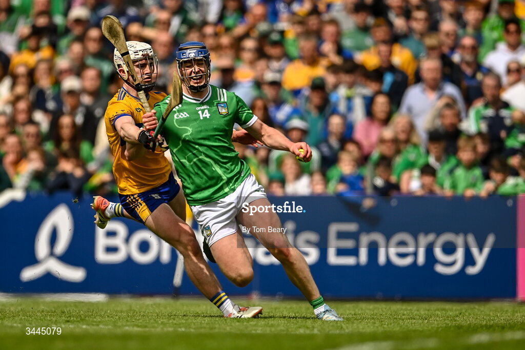 3 May 2026; Shane O'Brien of Limerick is fouled by Adam Hogan of Clare resulting in a penalty being awarded during the Munster GAA Senior Hurling Championship Round 3 match between Clare and Limerick at Zimmer Biomet Páirc Chíosóg in Ennis, Clare. Photo by Tom Beary/Sportsfile