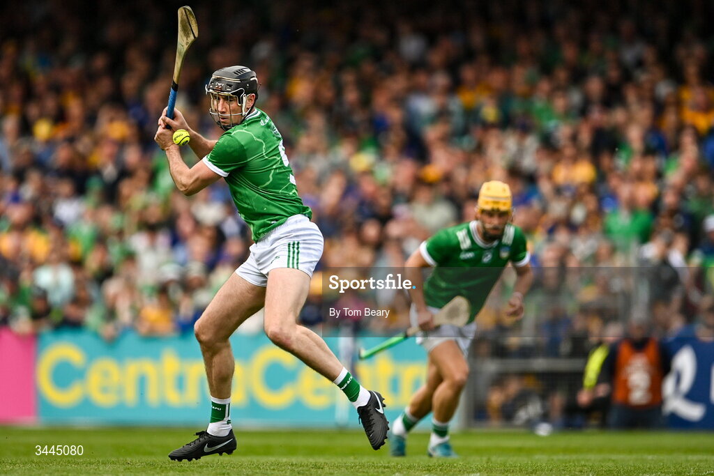 3 May 2026; Diarmaid Byrnes of Limerick shoots to score his side's second goal, from a penalty, during the Munster GAA Senior Hurling Championship Round 3 match between Clare and Limerick at Zimmer Biomet Páirc Chíosóg in Ennis, Clare. Photo by Tom Beary/Sportsfile