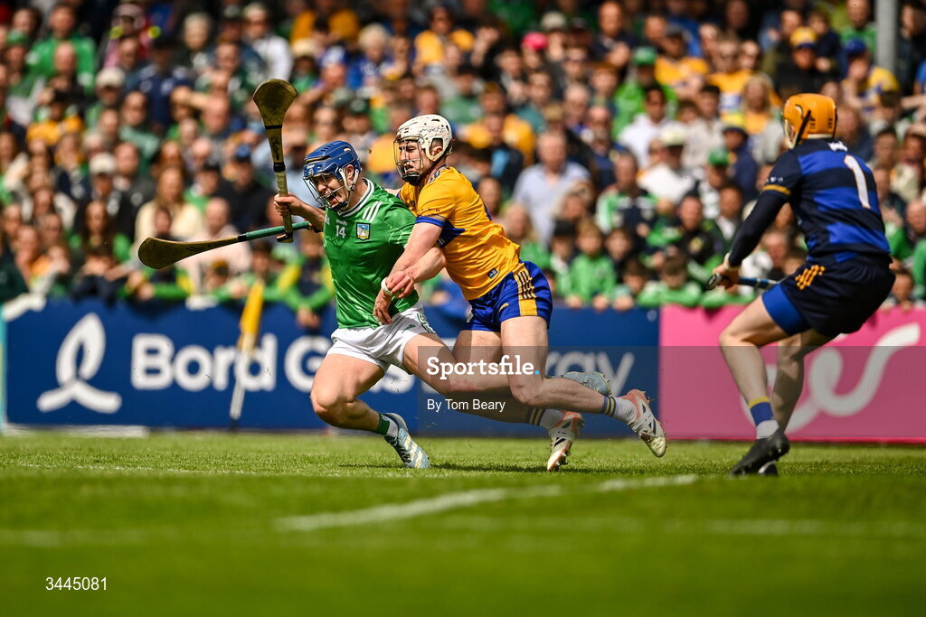 3 May 2026; Shane O'Brien of Limerick is fouled by Adam Hogan of Clare resulting in a penalty being awarded during the Munster GAA Senior Hurling Championship Round 3 match between Clare and Limerick at Zimmer Biomet Páirc Chíosóg in Ennis, Clare. Photo by Tom Beary/Sportsfile
