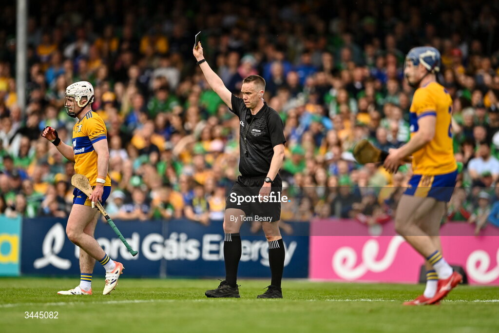 3 May 2026; Adam Hogan of Clare is shown a black card by referee Michael Kennedy during the Munster GAA Senior Hurling Championship Round 3 match between Clare and Limerick at Zimmer Biomet Páirc Chíosóg in Ennis, Clare. Photo by Tom Beary/Sportsfile