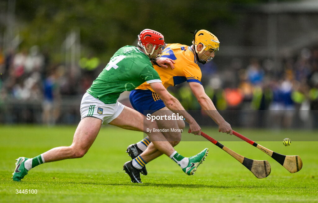 3 May 2026; Mark Rodgers of Clare in action against Barry Nash of Limerick during the Munster GAA Senior Hurling Championship Round 3 match between Clare and Limerick at Zimmer Biomet Páirc Chíosóg in Ennis, Clare. Photo by Brendan Moran/Sportsfile