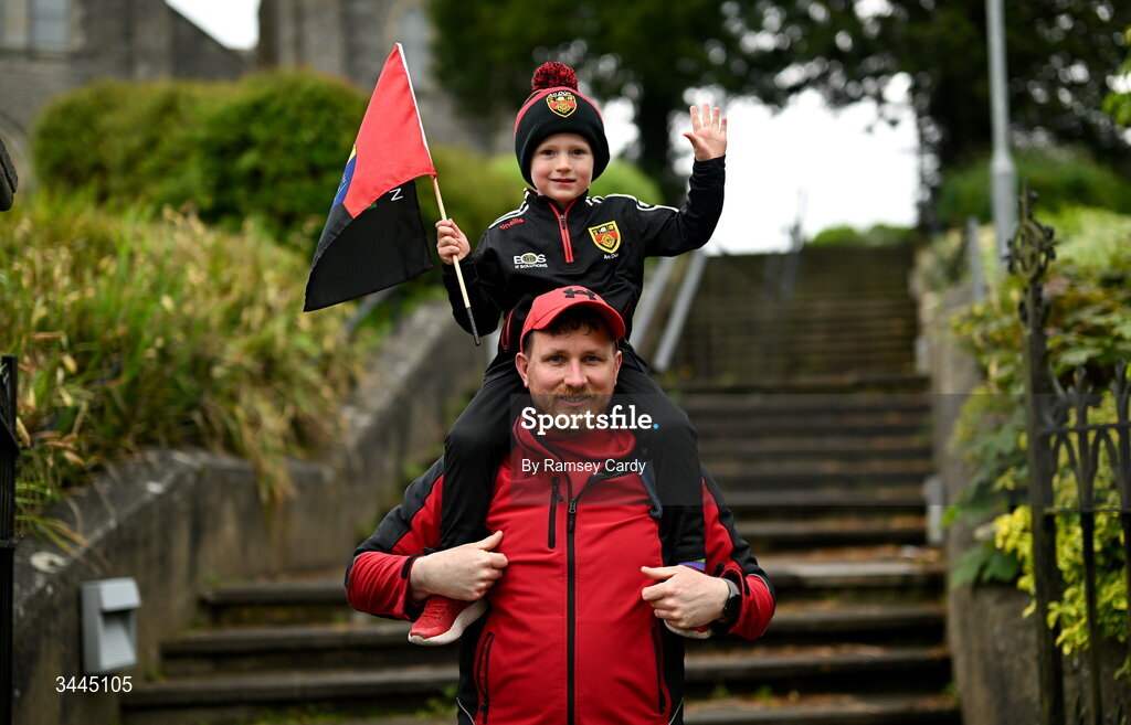 3 May 2026; Down supporters Martin Óg Keown, with his son Liam, age 4, from Castlewellan, before the Ulster GAA Football Senior Championship semi-final match between Armagh and Down at St Tiernach's Park in Clones, Monaghan. Photo by Ramsey Cardy/Sportsfile