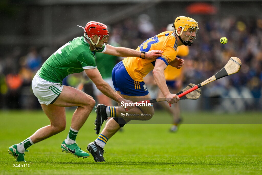 3 May 2026; Mark Rodgers of Clare in action against Barry Nash of Limerick during the Munster GAA Senior Hurling Championship Round 3 match between Clare and Limerick at Zimmer Biomet Páirc Chíosóg in Ennis, Clare. Photo by Brendan Moran/Sportsfile