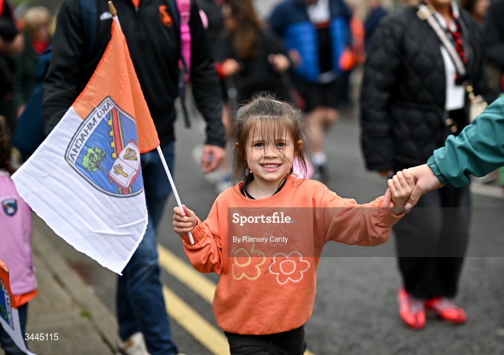 3 May 2026; Armagh supporter Cara McCann, age 5, before the Ulster GAA Football Senior Championship semi-final match between Armagh and Down at St Tiernach's Park in Clones, Monaghan. Photo by Ramsey Cardy/Sportsfile