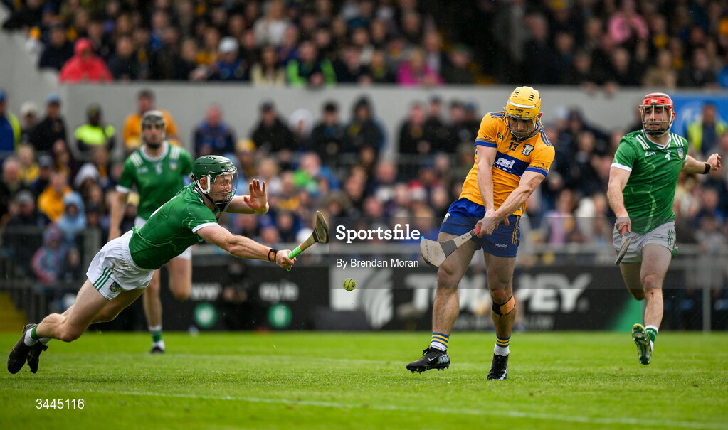 3 May 2026; Mark Rodgers of Clare in action against William O'Donoghue of Limerick during the Munster GAA Senior Hurling Championship Round 3 match between Clare and Limerick at Zimmer Biomet Páirc Chíosóg in Ennis, Clare. Photo by Brendan Moran/Sportsfile