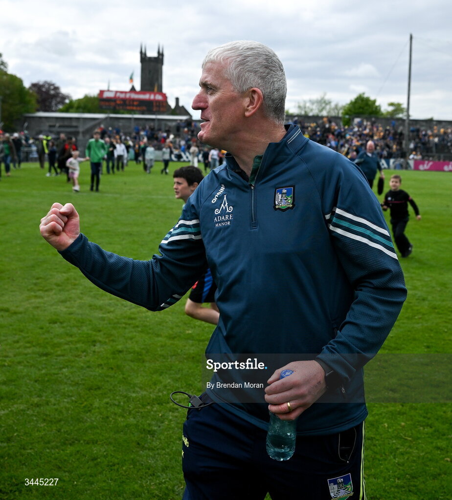 3 May 2026; Limerick manager John Kiely celebrates after the Munster GAA Senior Hurling Championship Round 3 match between Clare and Limerick at Zimmer Biomet Páirc Chíosóg in Ennis, Clare. Photo by Brendan Moran/Sportsfile
