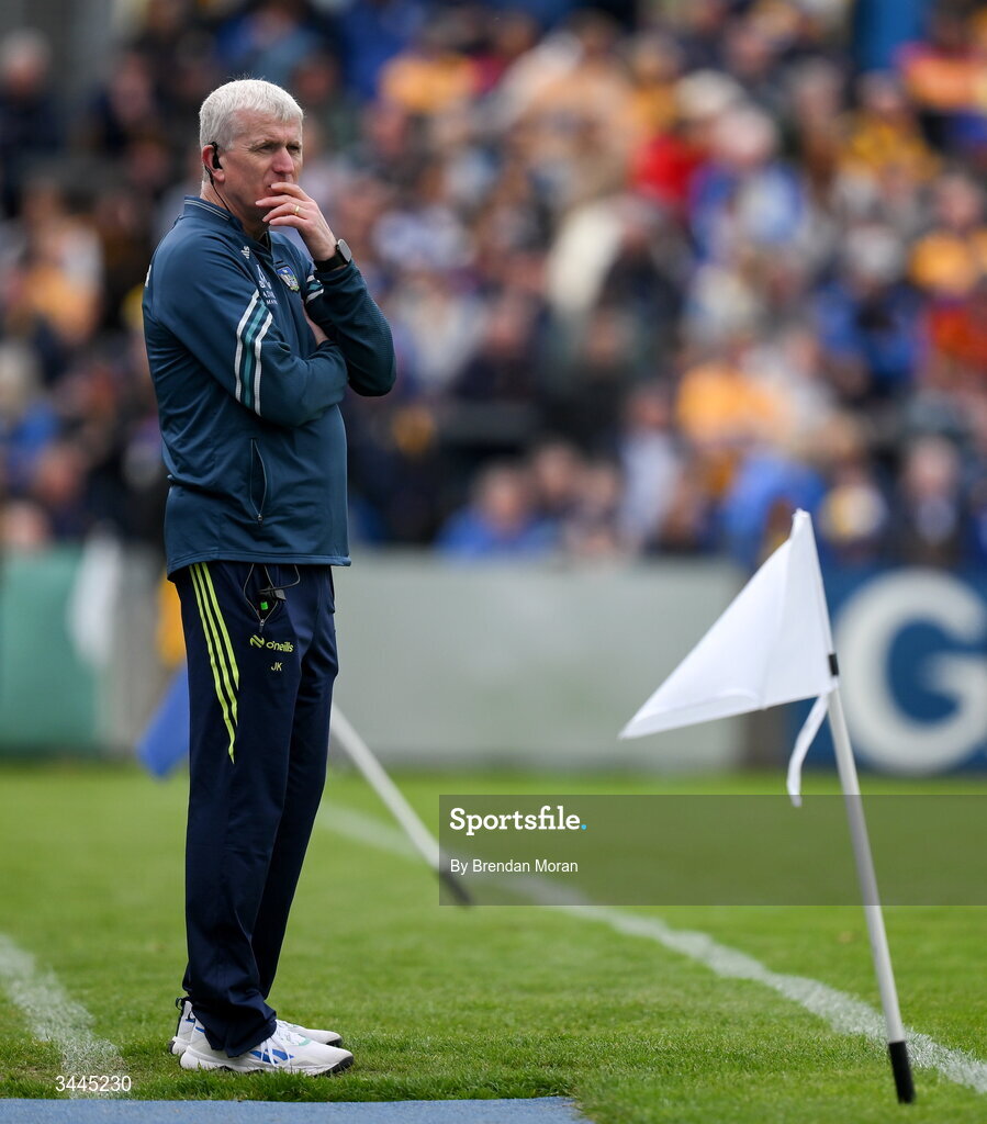 3 May 2026; Limerick manager John Kiely watches the final moments of the Munster GAA Senior Hurling Championship Round 3 match between Clare and Limerick at Zimmer Biomet Páirc Chíosóg in Ennis, Clare. Photo by Brendan Moran/Sportsfile