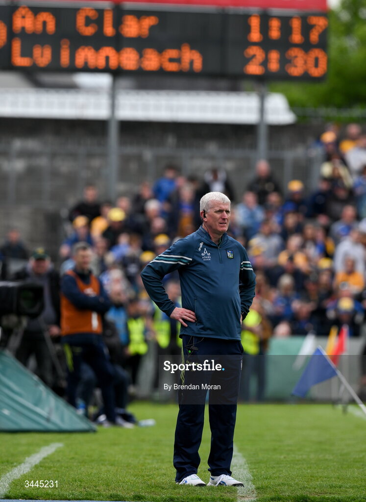 3 May 2026; Limerick manager John Kiely watches the final moments of the Munster GAA Senior Hurling Championship Round 3 match between Clare and Limerick at Zimmer Biomet Páirc Chíosóg in Ennis, Clare. Photo by Brendan Moran/Sportsfile